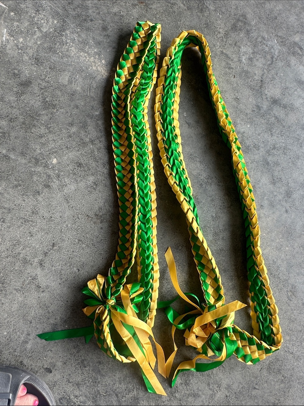 Green and Yellow Braided Satun Ribbon Lei